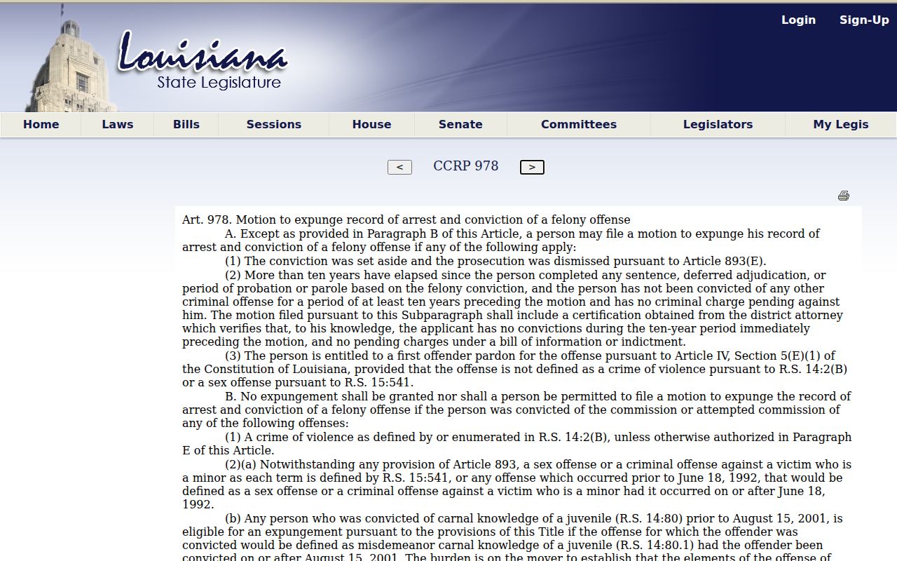 Evangeline Parish sex offender registry and felony expungement limits