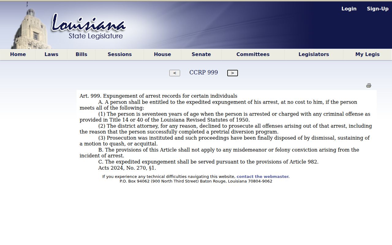 Evangeline Parish registry search and Article 999 expedited expungement