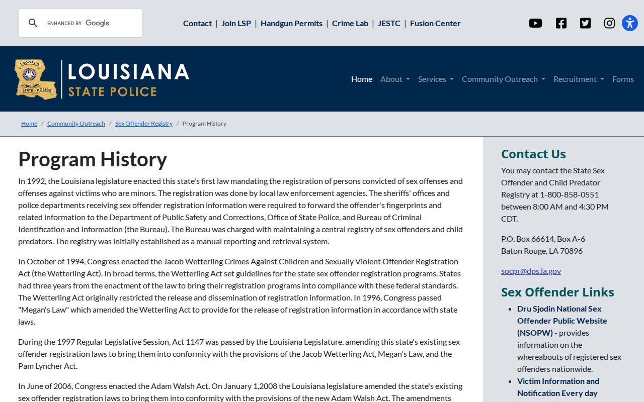 Evangeline Parish sex offender registry program history