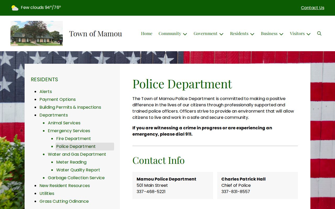 Official Mamou Police Department contact page for criminal-record requests