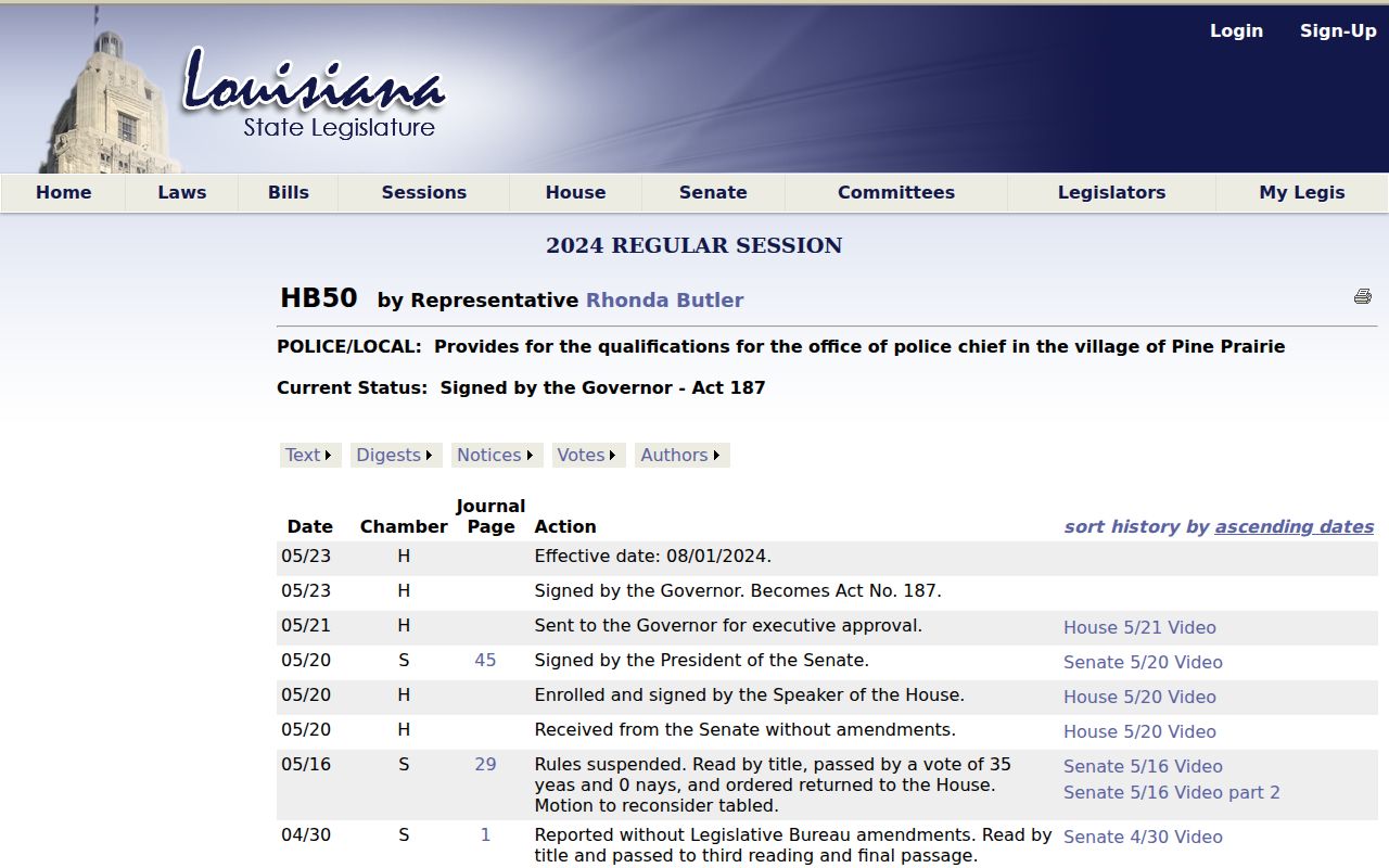 Louisiana HB50 and Act 187 history concerning Pine Prairie police chief qualifications