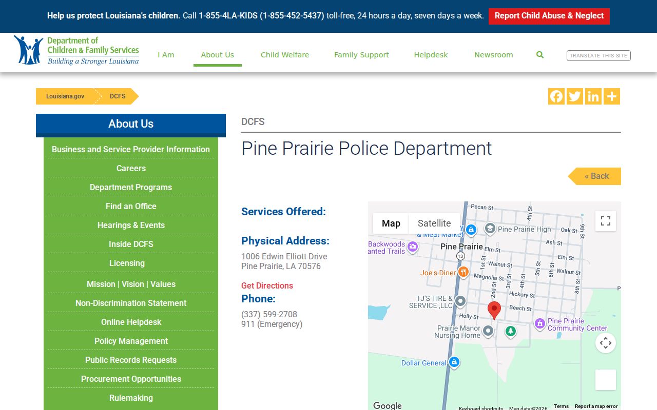 Louisiana state directory listing for Pine Prairie Police contact information