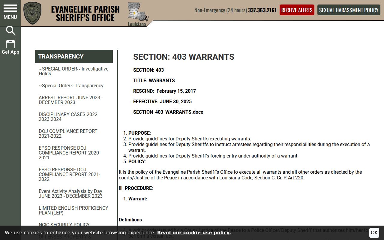Evangeline Parish warrant workflow connected to arrest records