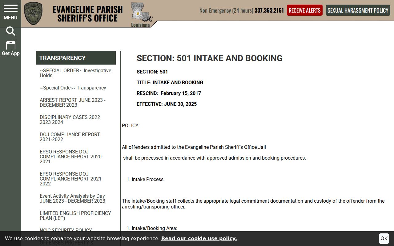 Evangeline Parish arrest booking and intake policy