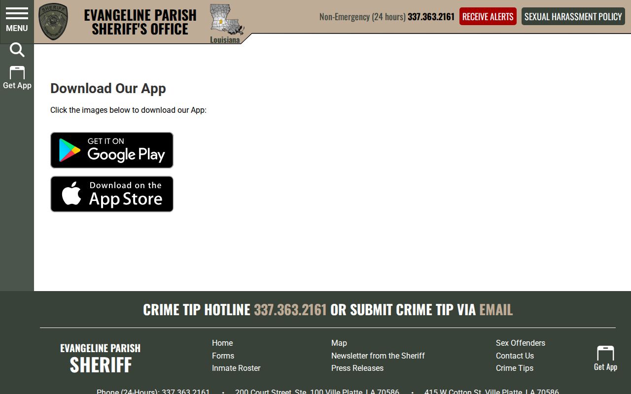 Evangeline Parish sheriff app landing page for arrest information