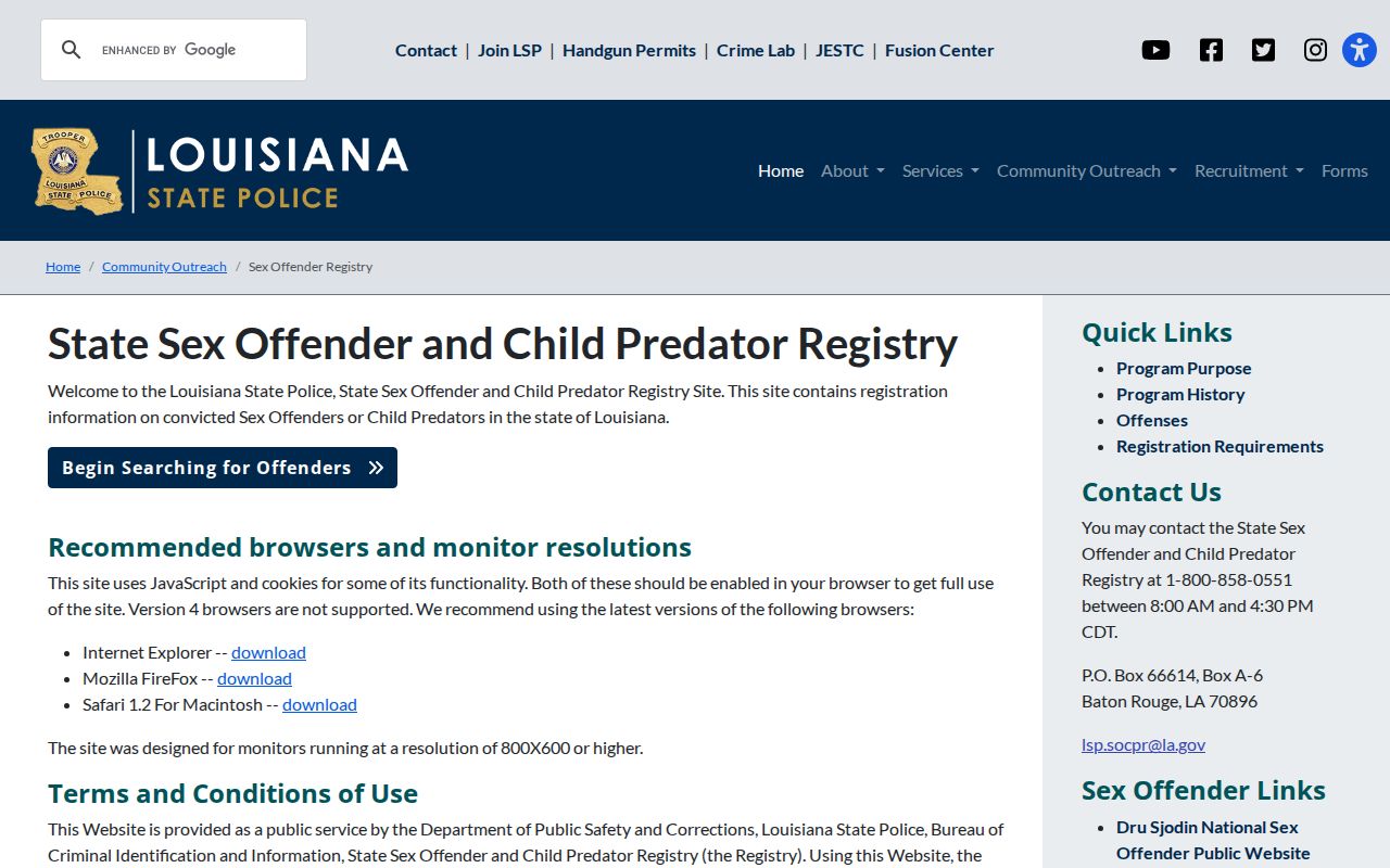Louisiana State Sex Offender and Child Predator Registry page